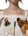 Women's White Rooster Print Poplin Off The Shoulder Top Cotton