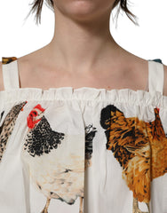 Women's White Rooster Print Poplin Off The Shoulder Top Cotton