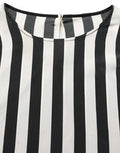 Women's Black White Stripes Round Neck Blouse Top Silk