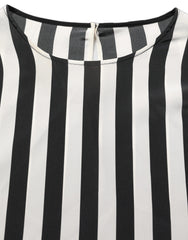 Women's Black White Stripes Round Neck Blouse Top Silk