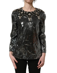 Women's Metallic Gray Sequin Embellished Blouse Top Polyester Glass Nylon