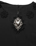 Women's Black Floral Silk Heart Appliqué Blouse Top