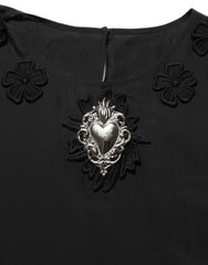 Women's Black Floral Silk Heart Appliqué Blouse Top