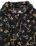 Women's Black Keys Print Silk Tie Neck Blouse Top