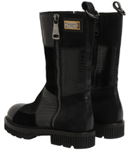 Men's Black Patchwork Leather Mid Calf Boots Shoes Cotton Horse Crocodile
