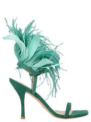 Women's Feather-Appliqué Suede Sandal Green Leather Heels