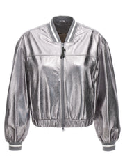 Women's Silver Leather Bomber Clothing