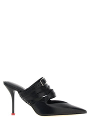 Women's Buckle-Strap Leather Mule Black Cow Heels