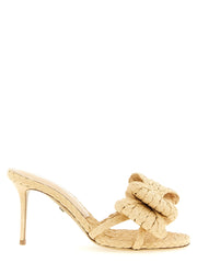 Women's Raffia Bow-Detailed Stiletto Mule Beige Leather Sole