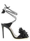 Women's Floral-Embellished Leather Sandal Black Cow Heels