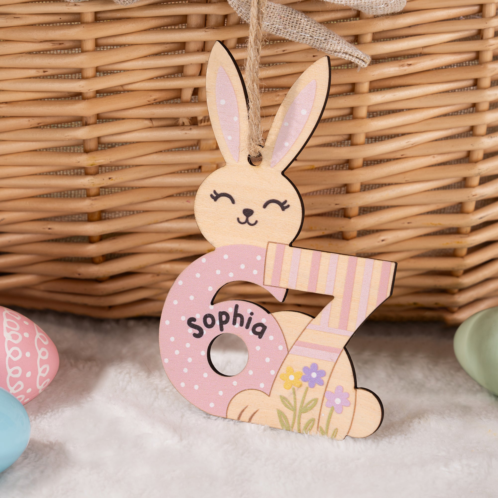 Personalizado lindo conejito Flor Seis Siete Adorno de madera con nombre Cesta Decoración Pascua Regalo para los niños