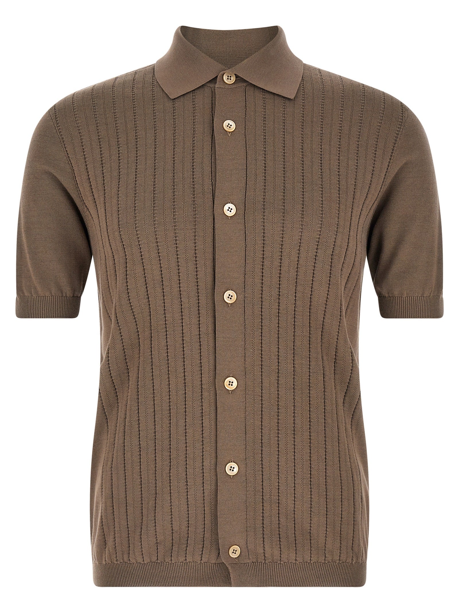 Brunello Cucinelli Ribbed Cotton Knit Shirt — Brown