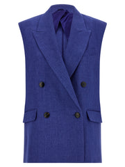Women's Blue Linen Sleeveless Jacket Clothing