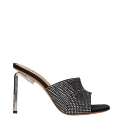 Women's Rhinestone-Embellished Satin Mule Heels Black