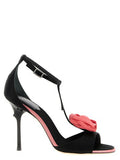 Women's Floral Buckle T-Strap Sandal Heel Black Viscose Silk