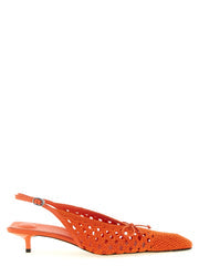 Women's Braided Raffia And Lambskin Slingback Orange Heels