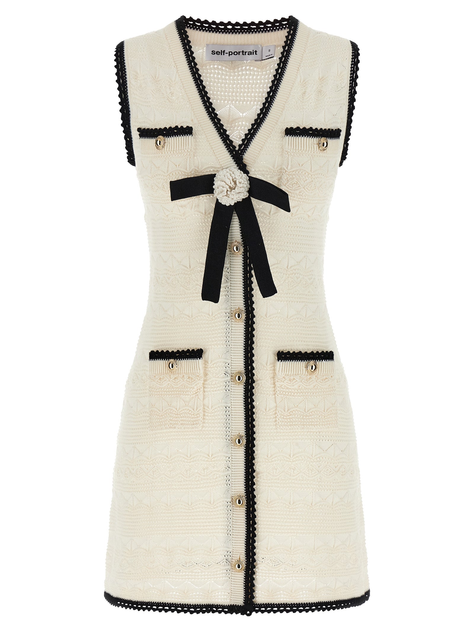 Self-Portrait Pointelle Knit Bicolor Dress — White