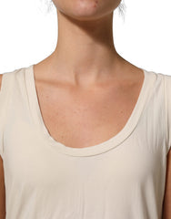 Beige Viscose Sleeveless Round Neck Women Tank Top Elastane