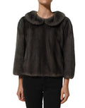 Women's Dark Gray Mink Fur Round Collar Blouse Top Cashmere Sheep