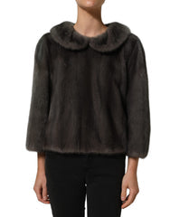 Women's Dark Gray Mink Fur Round Collar Blouse Top Cashmere Sheep