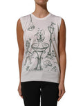 Women's White Silk Knit Garden Fountain Print Tank Top