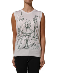 Women's White Silk Knit Garden Fountain Print Tank Top