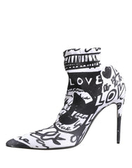 Women's White Graffiti Stretch Ankle Boots Shoes Elastane Polyester