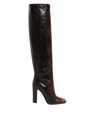 Women's Brown Exotic Leather Knee High Boots Shoes Reticolato Python