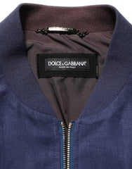 Blue Linen Full Zip Men Bomber Jacket Clothing