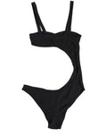 Women's Black Embellished Cutout Bandeau One Piece Swimwear Elastane Nylon Clothing