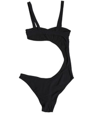 Women's Black Embellished Cutout Bandeau One Piece Swimwear Elastane Nylon Clothing
