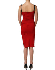 Women's Red Stretch Bodycon Sheath Knee Length Dress Viscose Nylon Silk Elastane