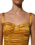 Women's Gold Silk Ruched Bodycon Sheath Midi Dress Elastane