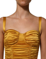 Women's Gold Silk Ruched Bodycon Sheath Midi Dress Elastane