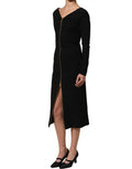 Women's Black Long Sleeves Front Zipper Midi Dress Viscose Nylon Elastane