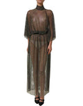 Women's Black Rhinestone Mesh Turtleneck Maxi Dress Polyester