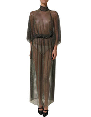 Women's Black Rhinestone Mesh Turtleneck Maxi Dress Polyester