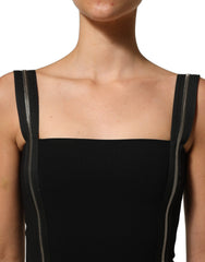Women's Black Sleeveless Front Zipper Midi Dress Viscose Nylon Elastane