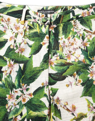 Women's White Floral Print Cropped Straight Pants Cotton Viscose Elastane
