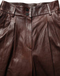 Women's Brown Leather High Waist Tapered Leg Pants Lamb