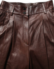 Women's Brown Leather High Waist Tapered Leg Pants Lamb