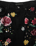 Women's Black Floral Cotton High Waist Tapered Pants Elastane