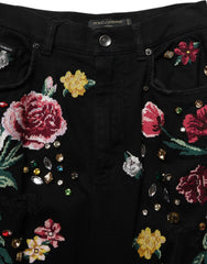 Women's Black Floral Cotton High Waist Tapered Pants Elastane