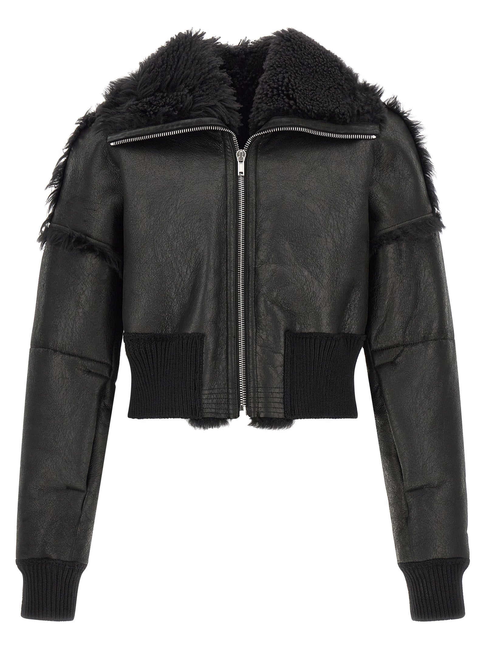Rick Owens Lamb Fur and Leather Cropped Bomber Jacket — Black