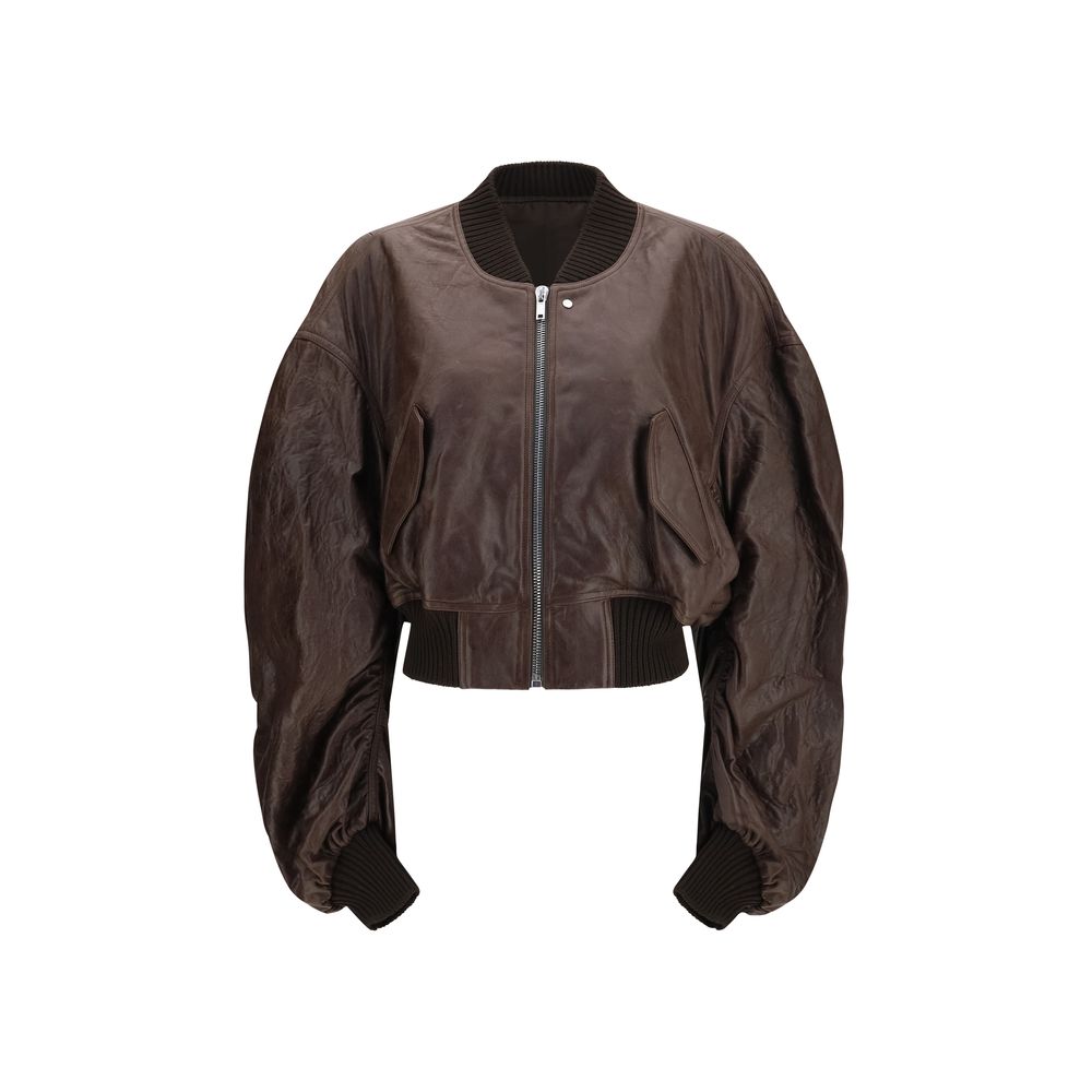 Rick Owens Cropped Calf Leather Bomber Jacket — Brown