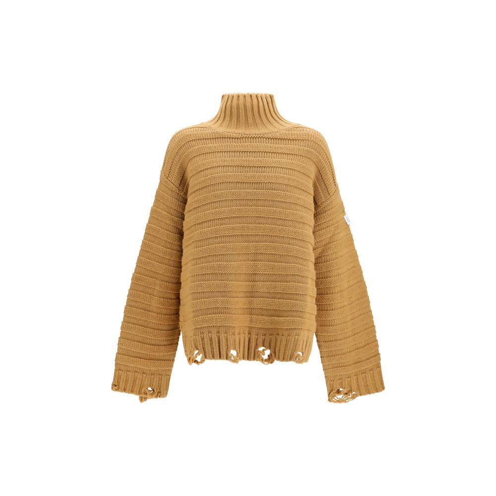 MM6 Maison Margiela Distressed Wool Turtleneck Sweater — Beige