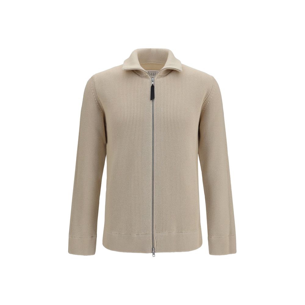 Maison Margiela Ribbed Wool-Cotton Zip-Up Cardigan — Beige