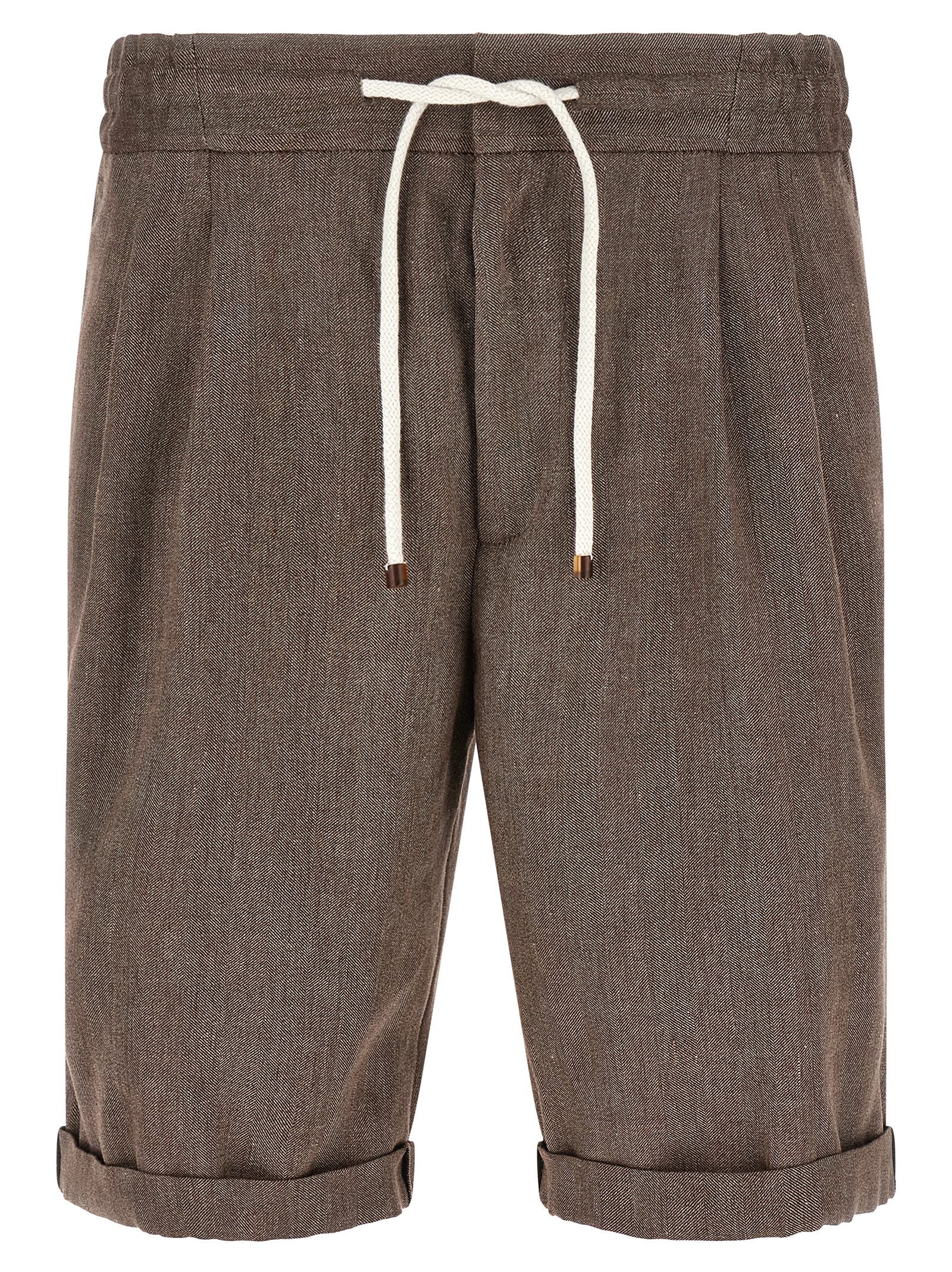 Brunello Cucinelli Linen-Wool Chevron Weave Bermuda Shorts — Brown
