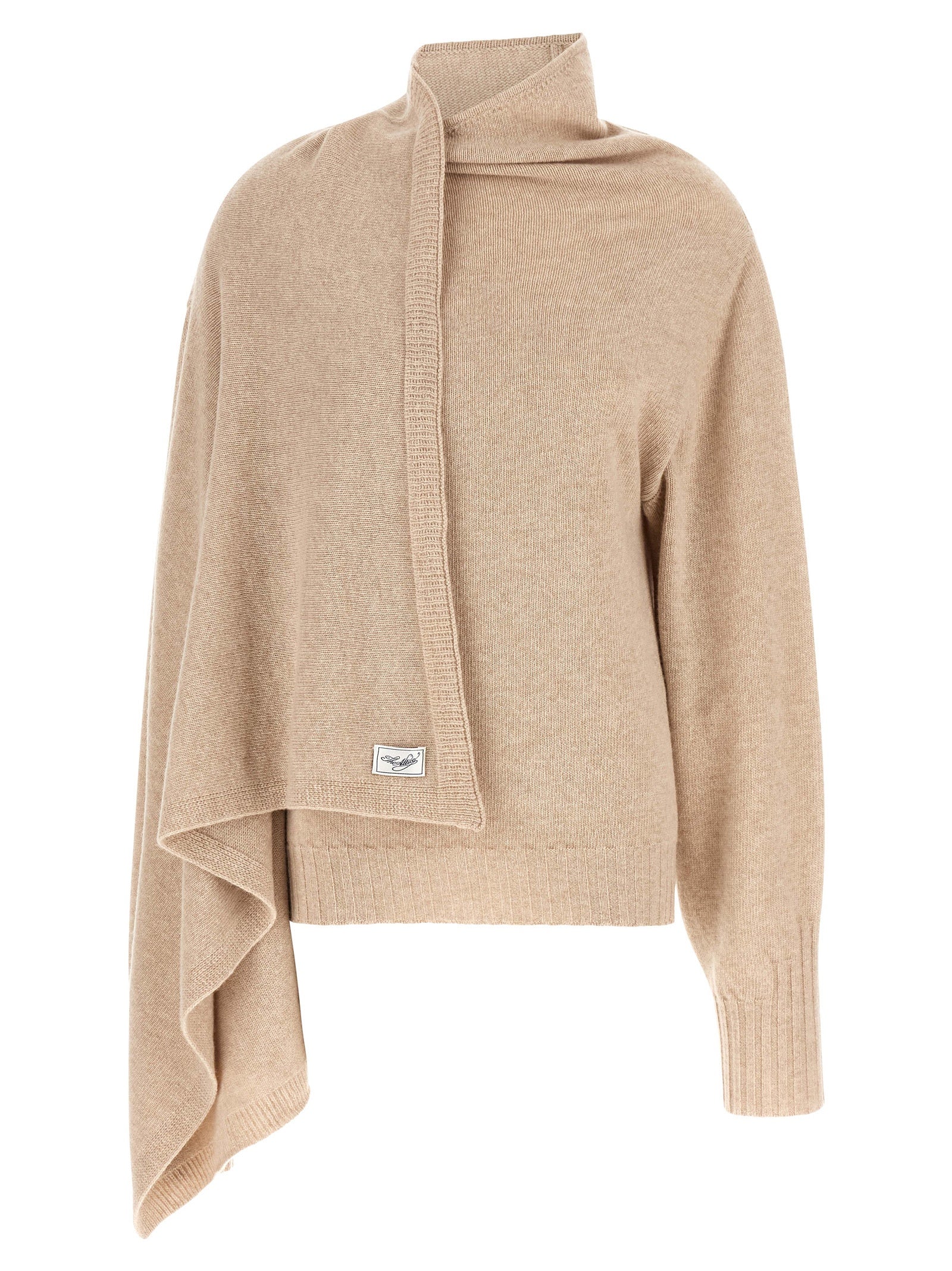 The Attico Asymmetrical Draped Virgin Wool Cardigan — Beige