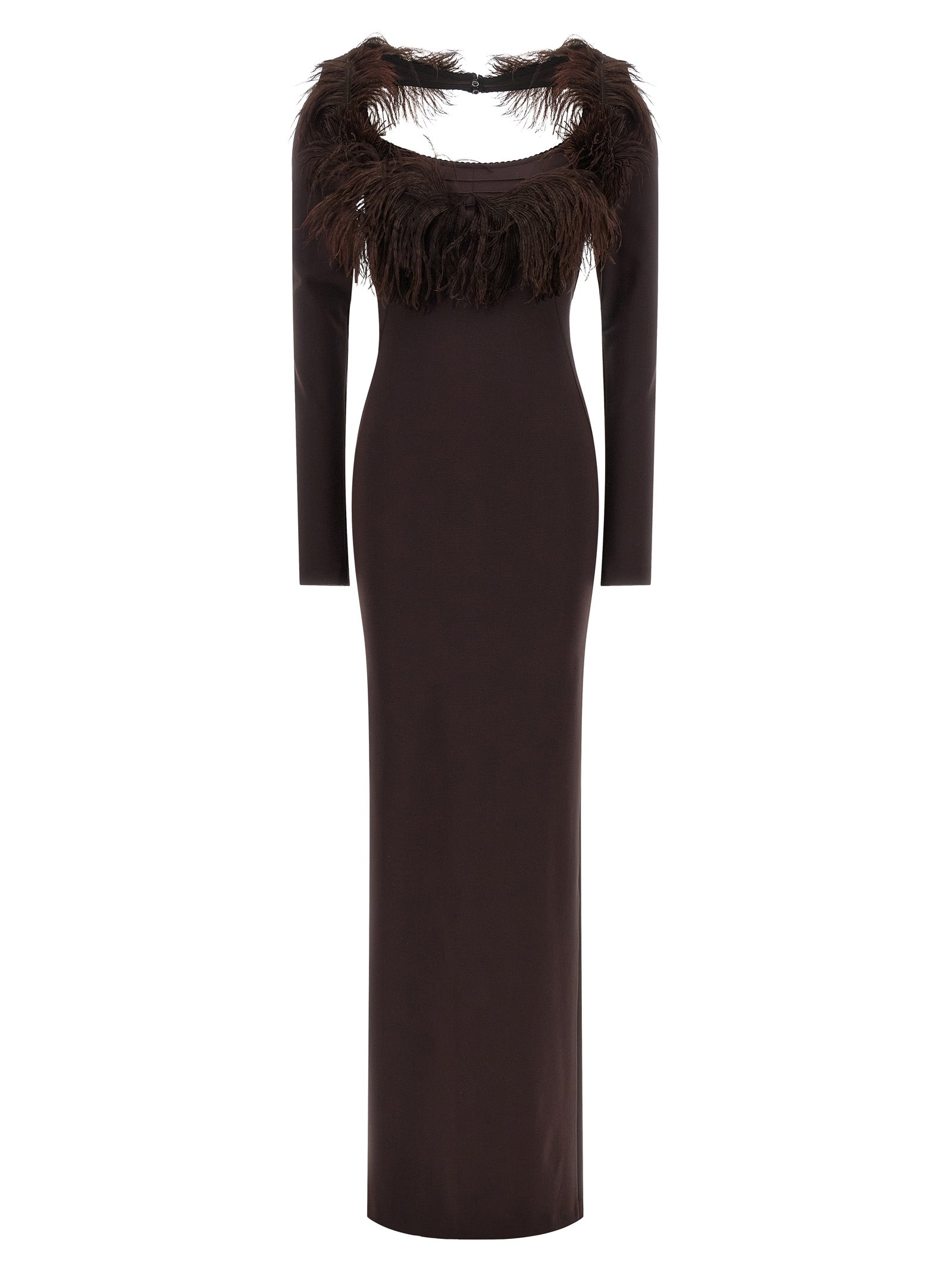 The Attico Ostrich Feather-Trimmed Viscose Dress — Brown